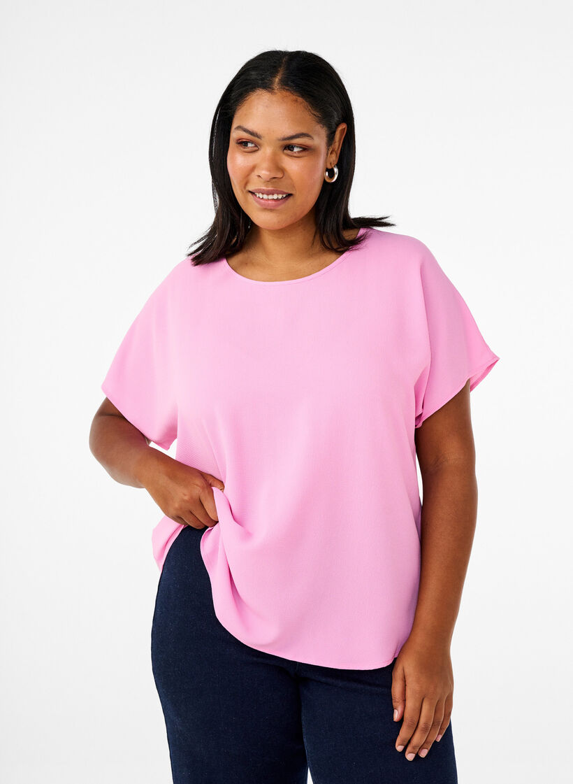 Blouse met korte mouwen en een ronde halslijn, Roze, Model image number 0
