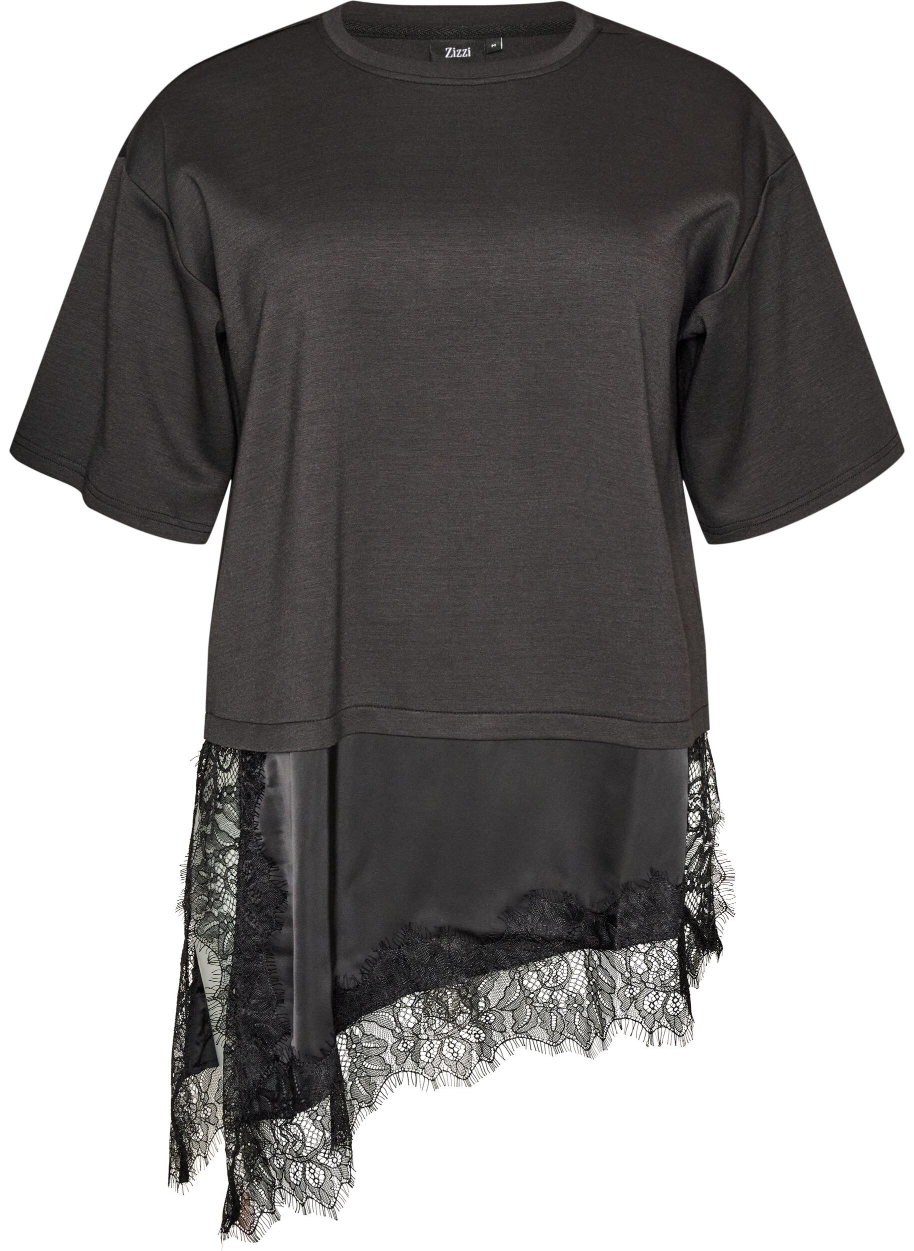 ZizziBlouse en jersey avec effet superpos&eacute; et dentelle, Noir, Packshot image number 0