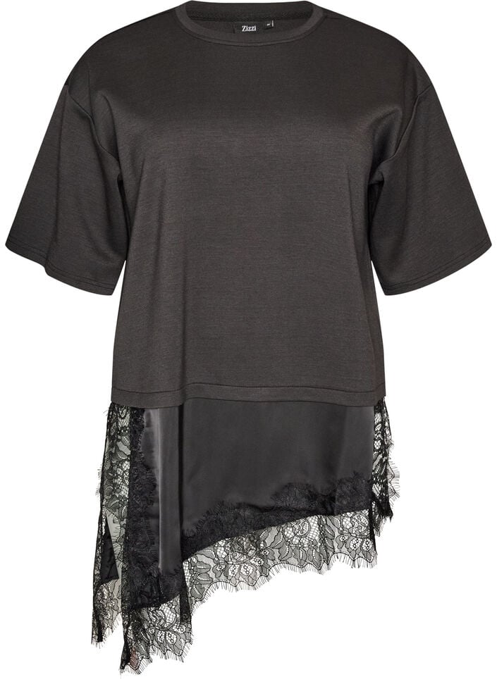 Blouse en jersey avec effet superpos&eacute; et dentelle, Noir, Packshot image number 0