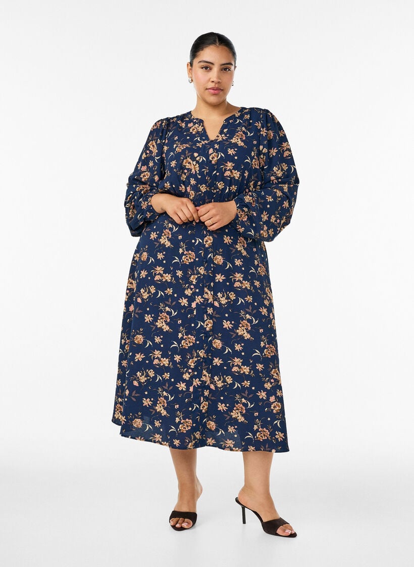Robe midi avec smocks et boutons d&eacute;coratifs, Bleu, Model image number 0