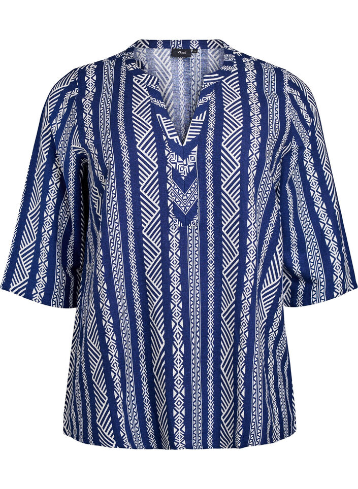 Gestreepte blouse in een mix van linnen en viscose, Blauw, Packshot image number 0