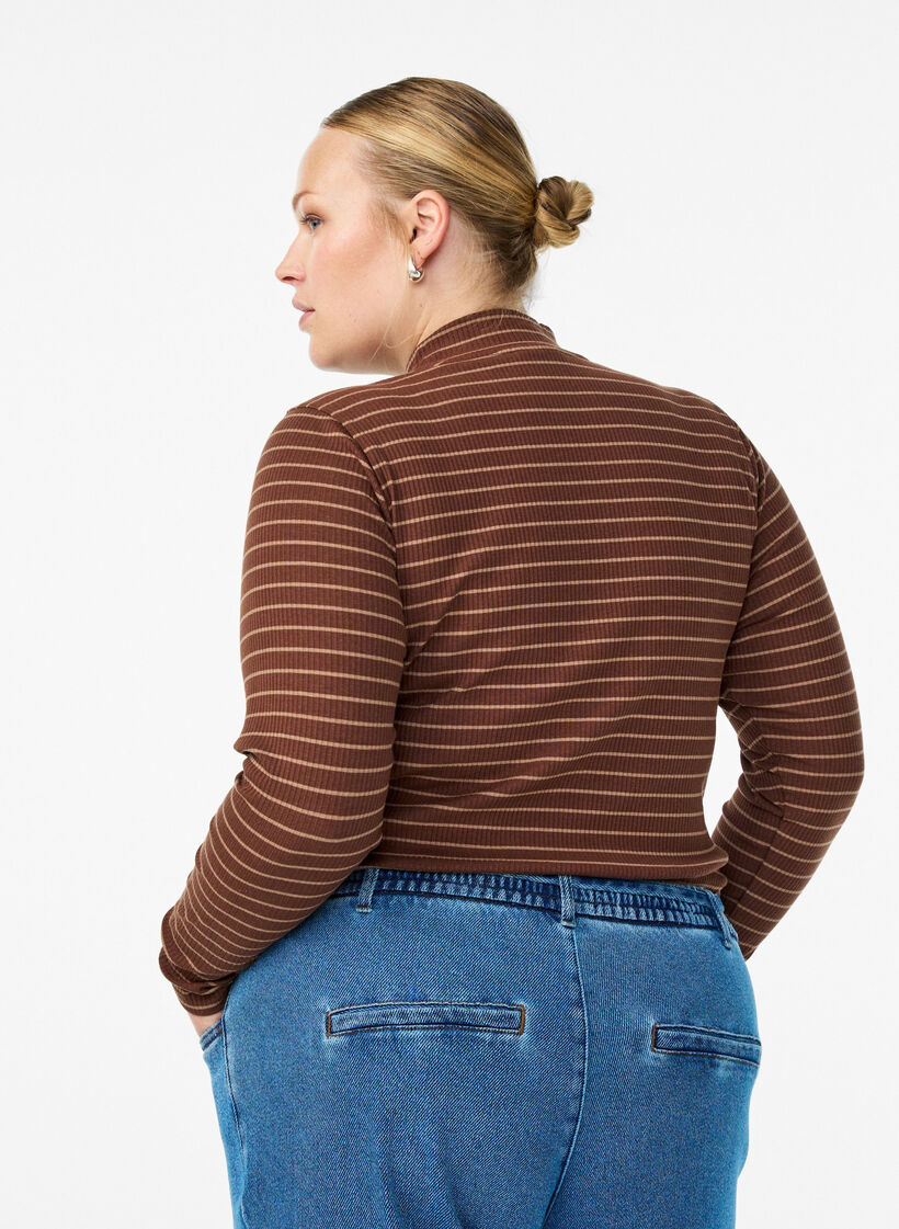 Geribde gestreepte jersey blouse met een hoge hals, Bruin, Model image number 2