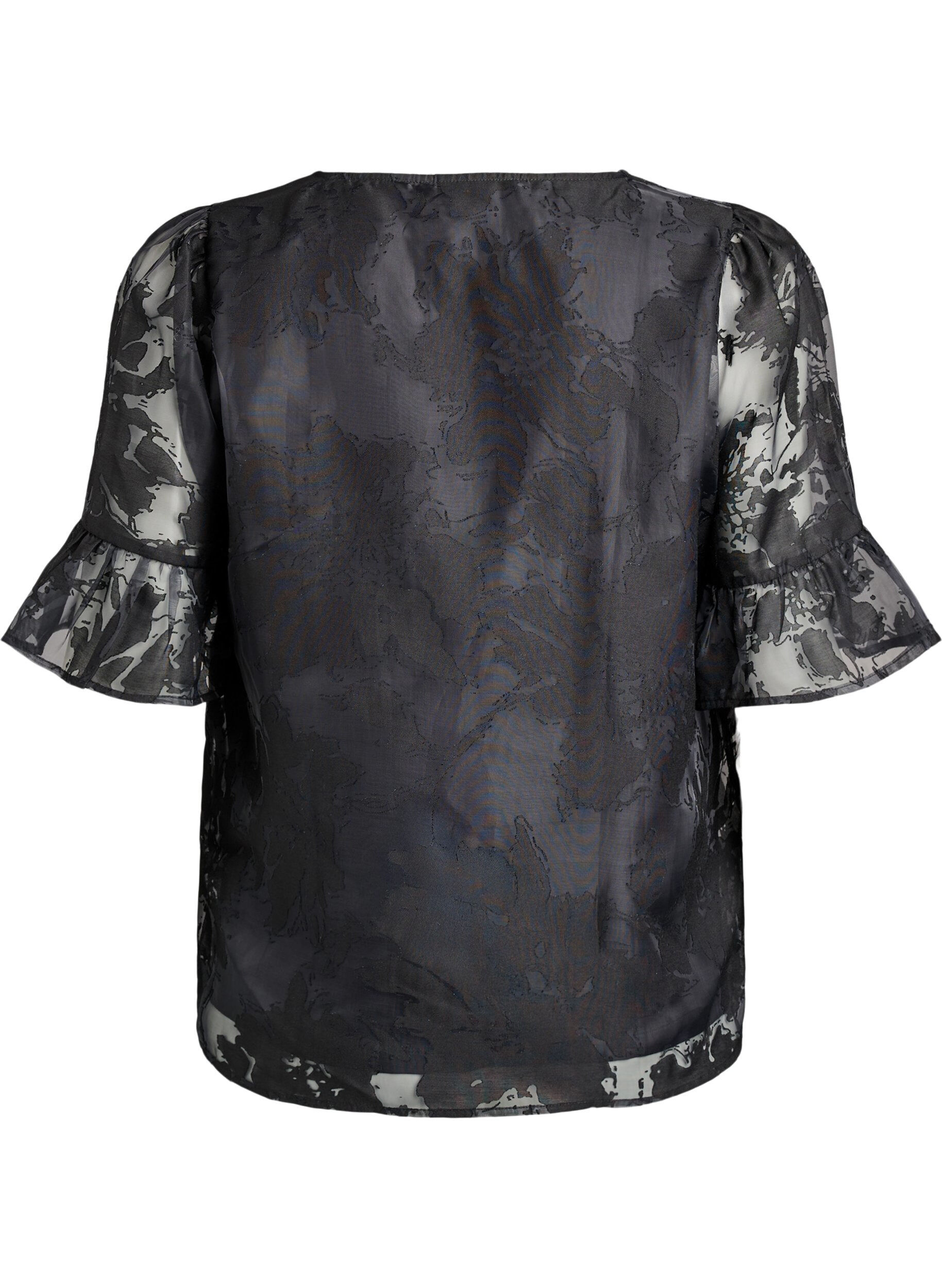 Zizzi Blouse de soir&eacute;e aspect organza &agrave; motif ton sur ton, Noir, Packshot image number 1