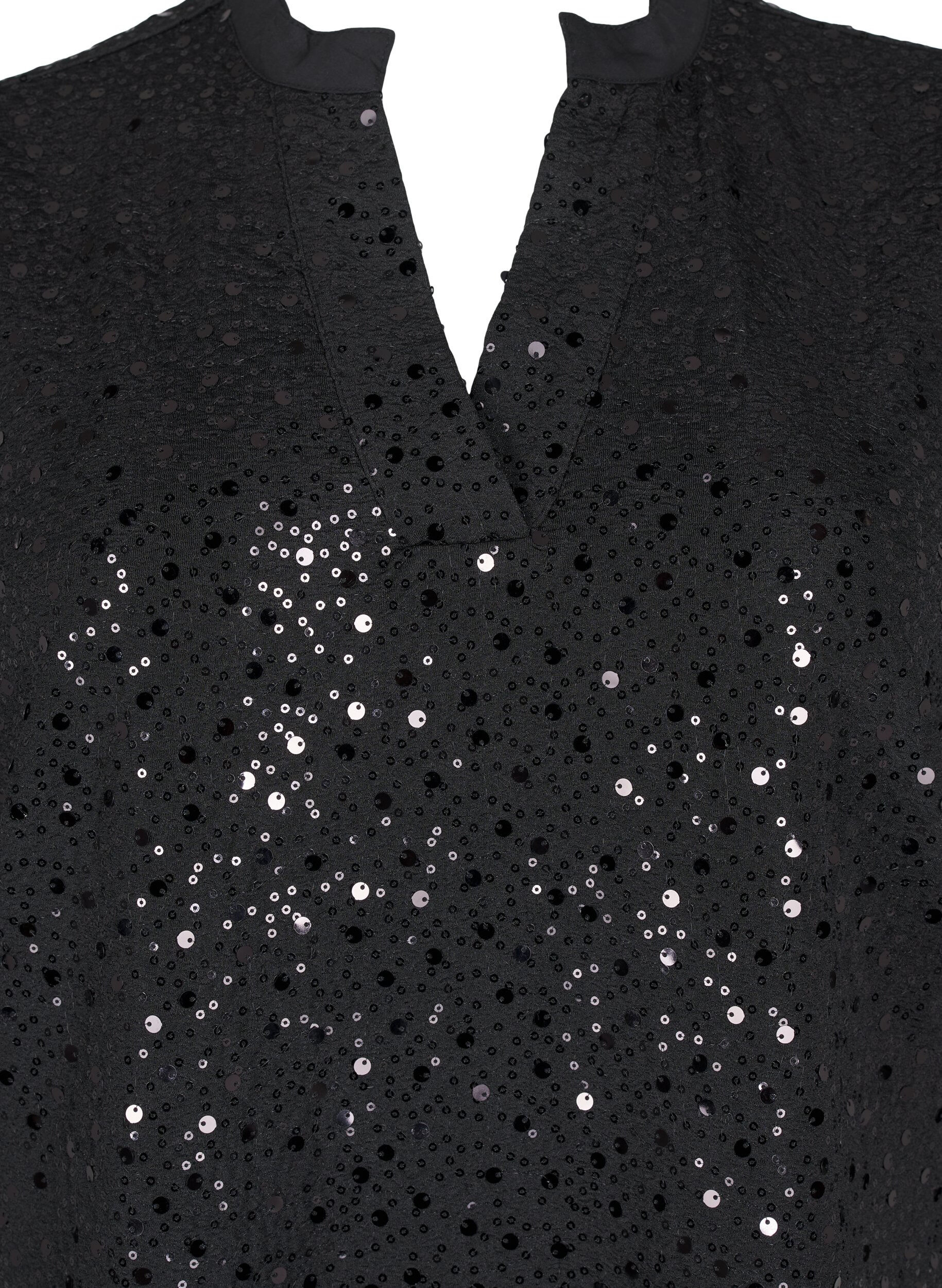 Zizzi Robe &agrave; paillettes avec col en V et manches 3/4, Black w. Bl. Sequins, Packshot image number 2