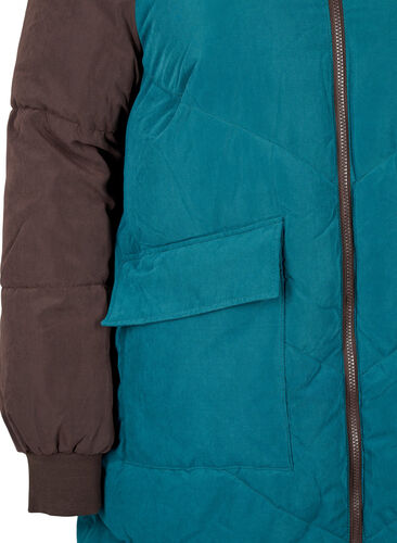 Lange kleurblokken winterjas met capuchon., Deep Teal Comb, Packshot image number 3