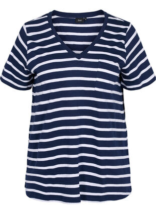 T-shirt en coton rayé avec encolure en V, Navy B White Stripe, Packshot image number 0
