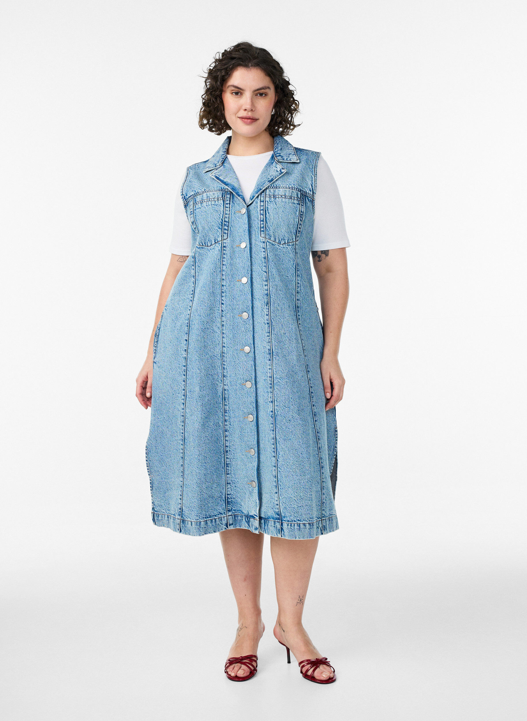 ZizziMouwloze denimjurk met knoopsluiting en splitten, Blauw, Model image number 0