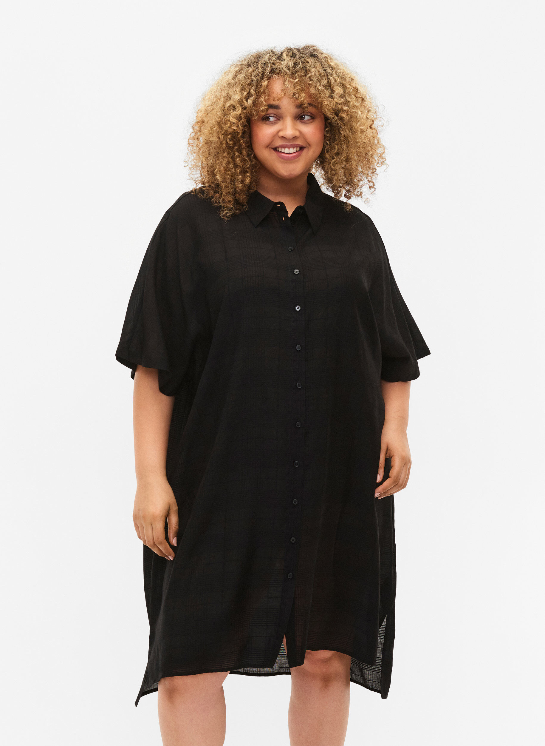 ZizziLang hemd van viscose met structuur, Black, Model image number 0