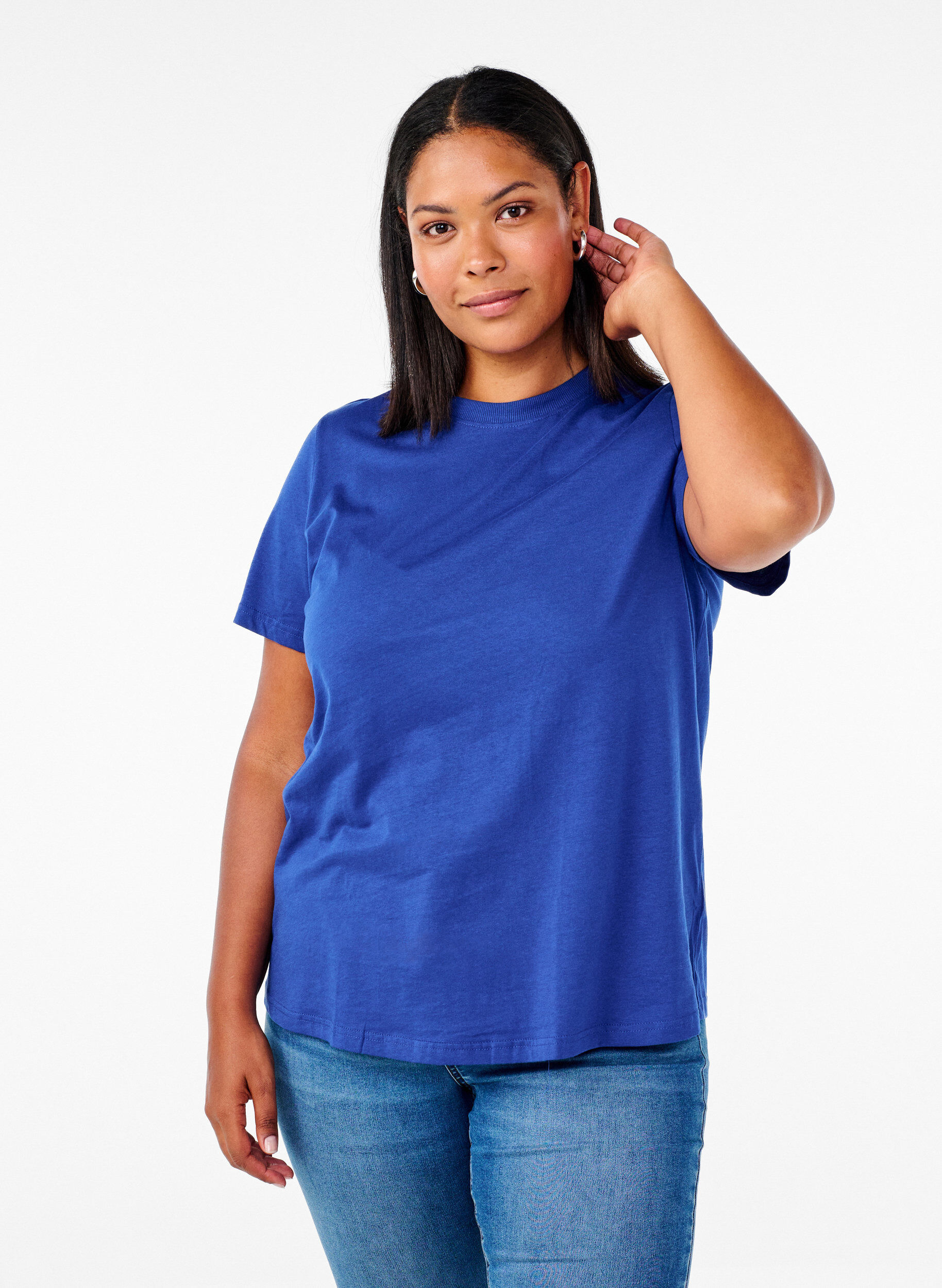 Basic katoenen T-shirt met ronde hals, Blauw, Model