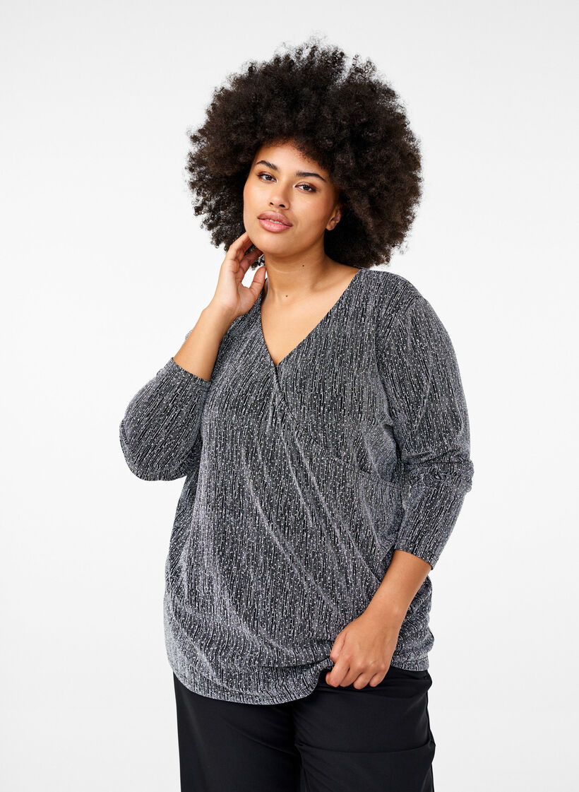 Wikkel-look glitter partytop, Zwart, Model image number 0