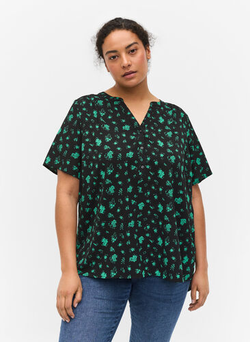Chemise à manches courtes et col en V, Green Flower AOP, Model image number 0