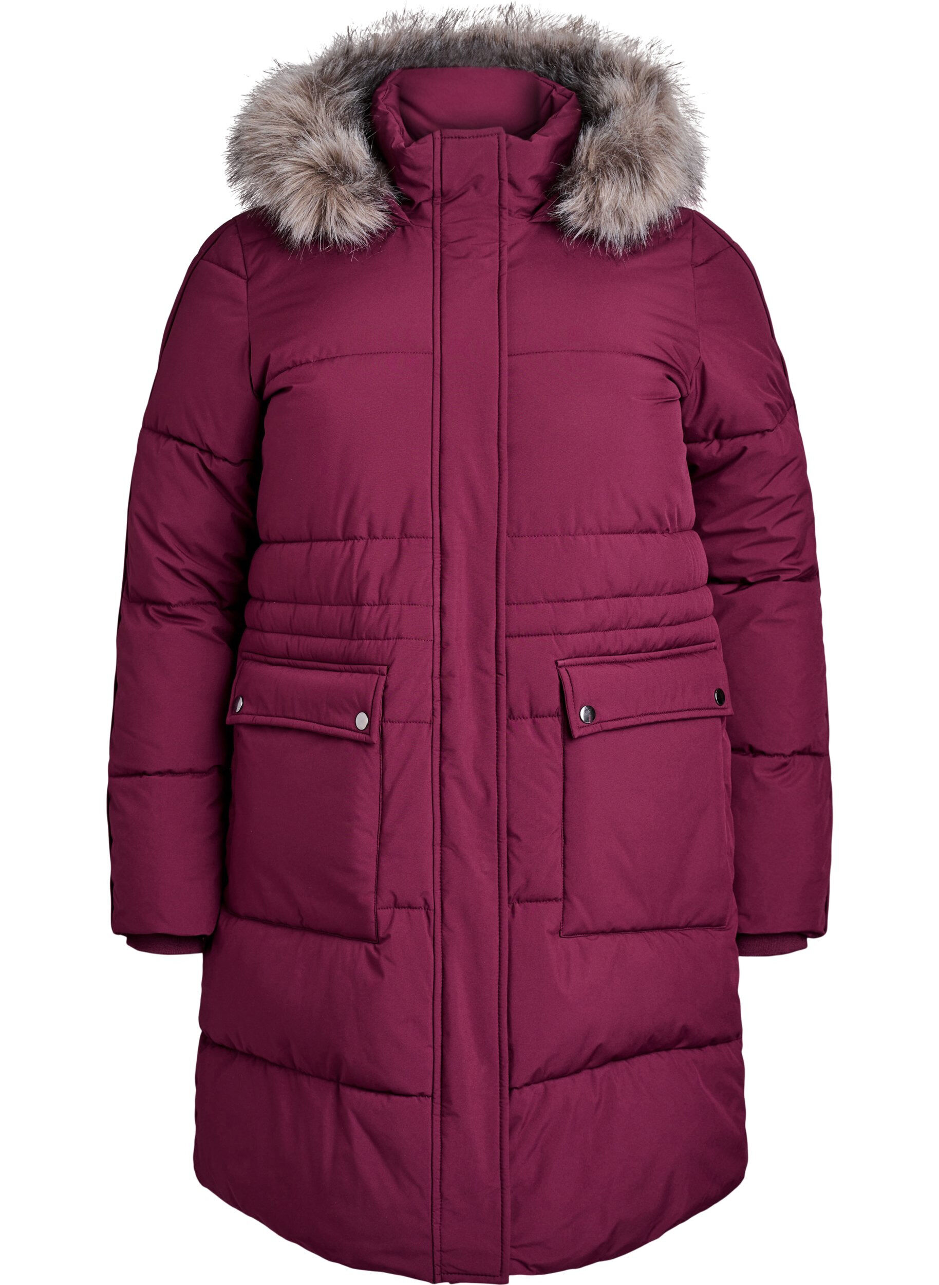Zizzi Parka d&eacute;perlante avec col en fausse fourrure, Bordeaux fonc&eacute;, Packshot image number 0