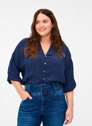 Viscose blouse met 3/4 mouwen, Navy Blazer, Model image number 0
