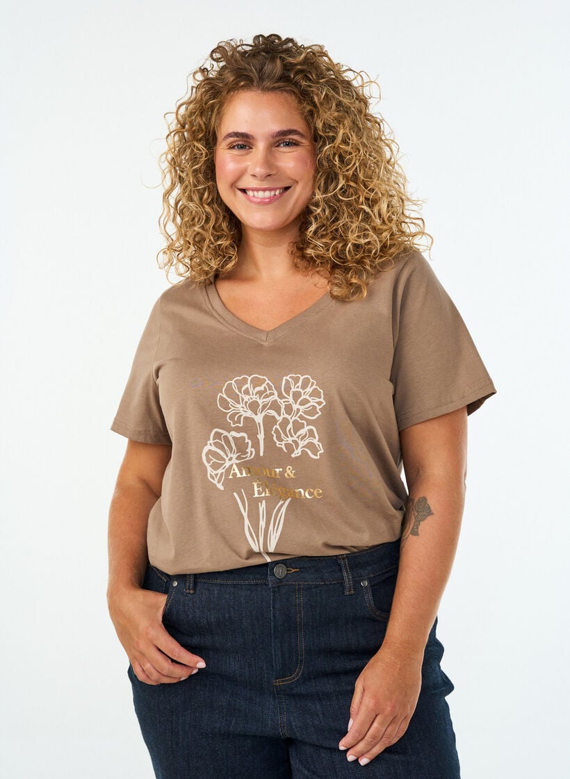 Katoenen T-shirt met V-hals en print aan de voorkant, Bruin, Model image number 0
