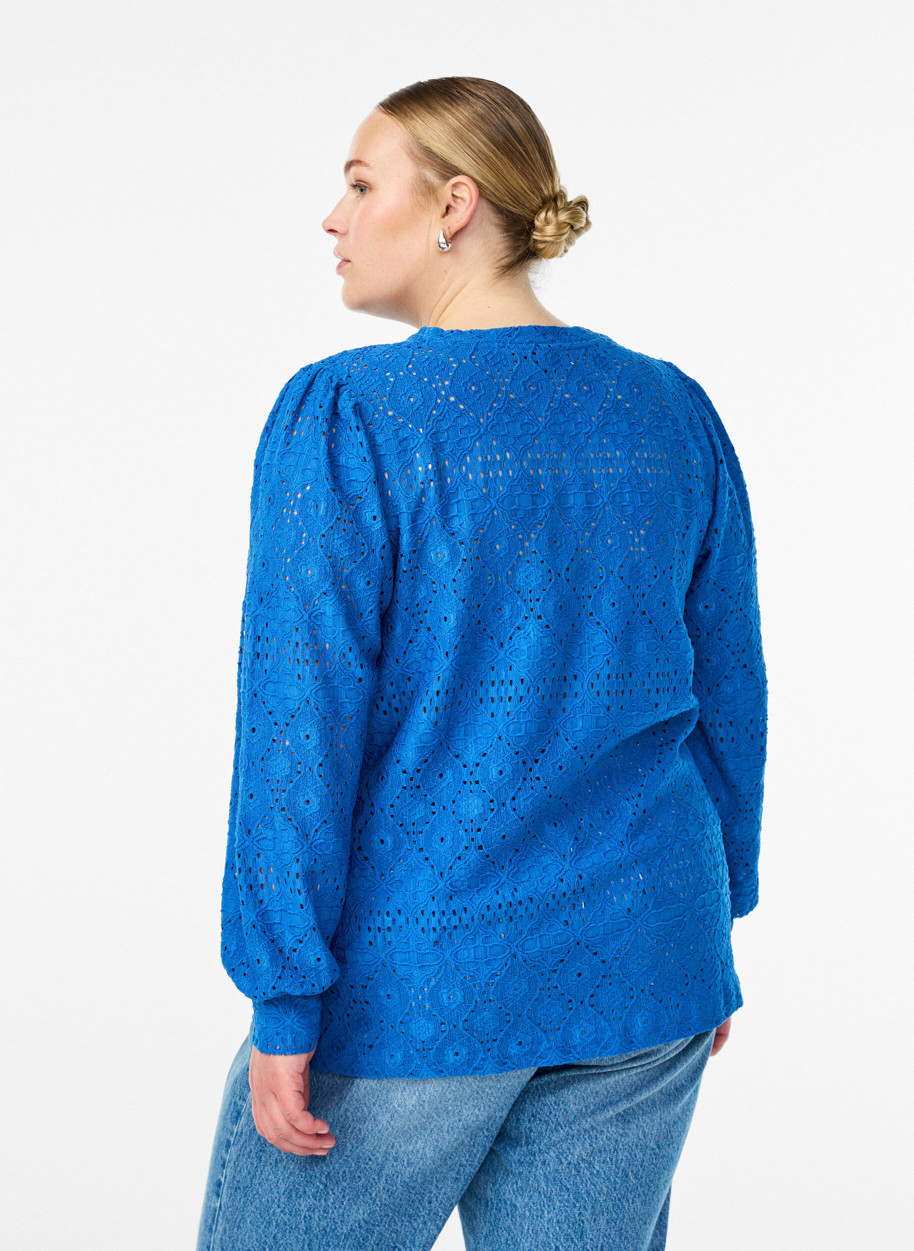 ZizziBlouse met lange mouwen en opengewerkte borduursels, Blauw, Model image number 2
