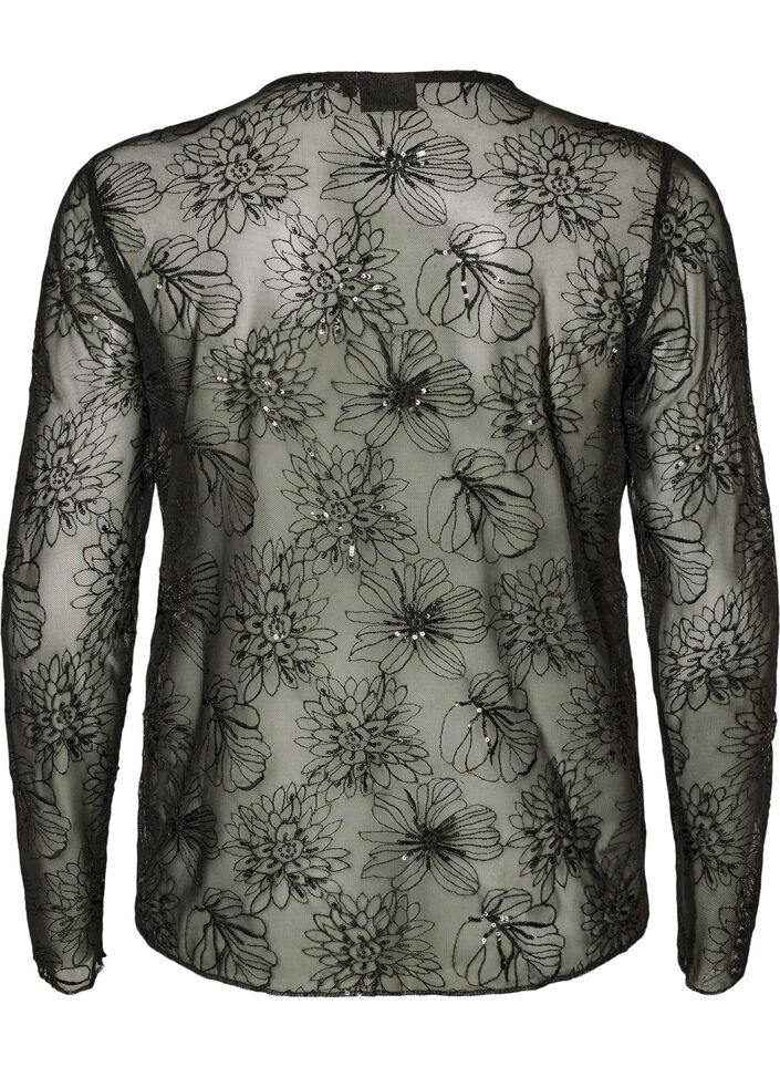 Blouse en mesh avec fleurs et sequins, Noir, Packshot image number 1