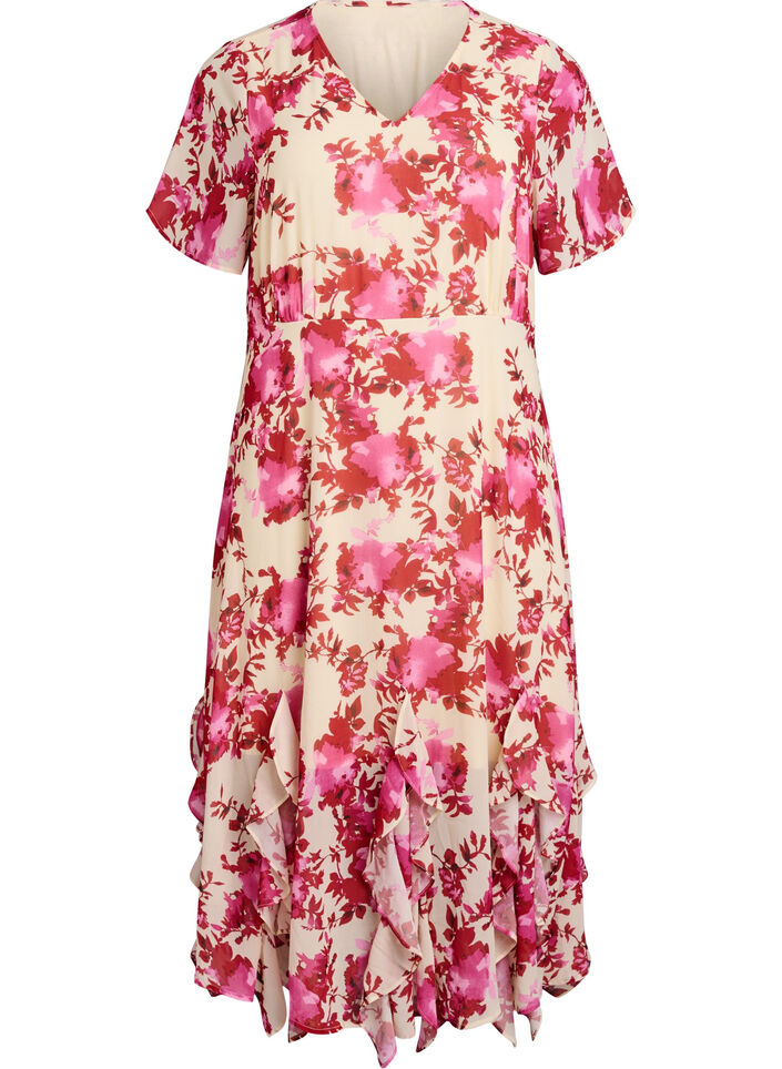 Robe florale en mousseline avec volants et col en V, Rose, Packshot image number 0