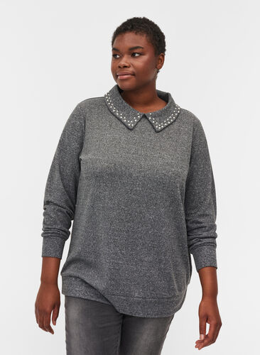 Bæouse en tricot avec col et perles, Dark Grey Mel, Model image number 0