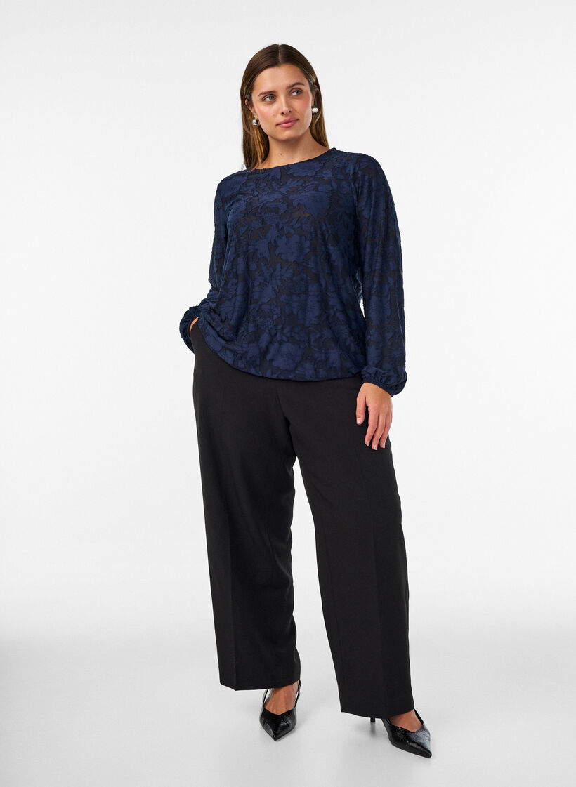 Blouse transparente avec texture florale et manches longues, Bleu, Model image number 1