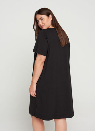 Katoenen jurk met zakken en korte mouwen, Solid Black, Model image number 1