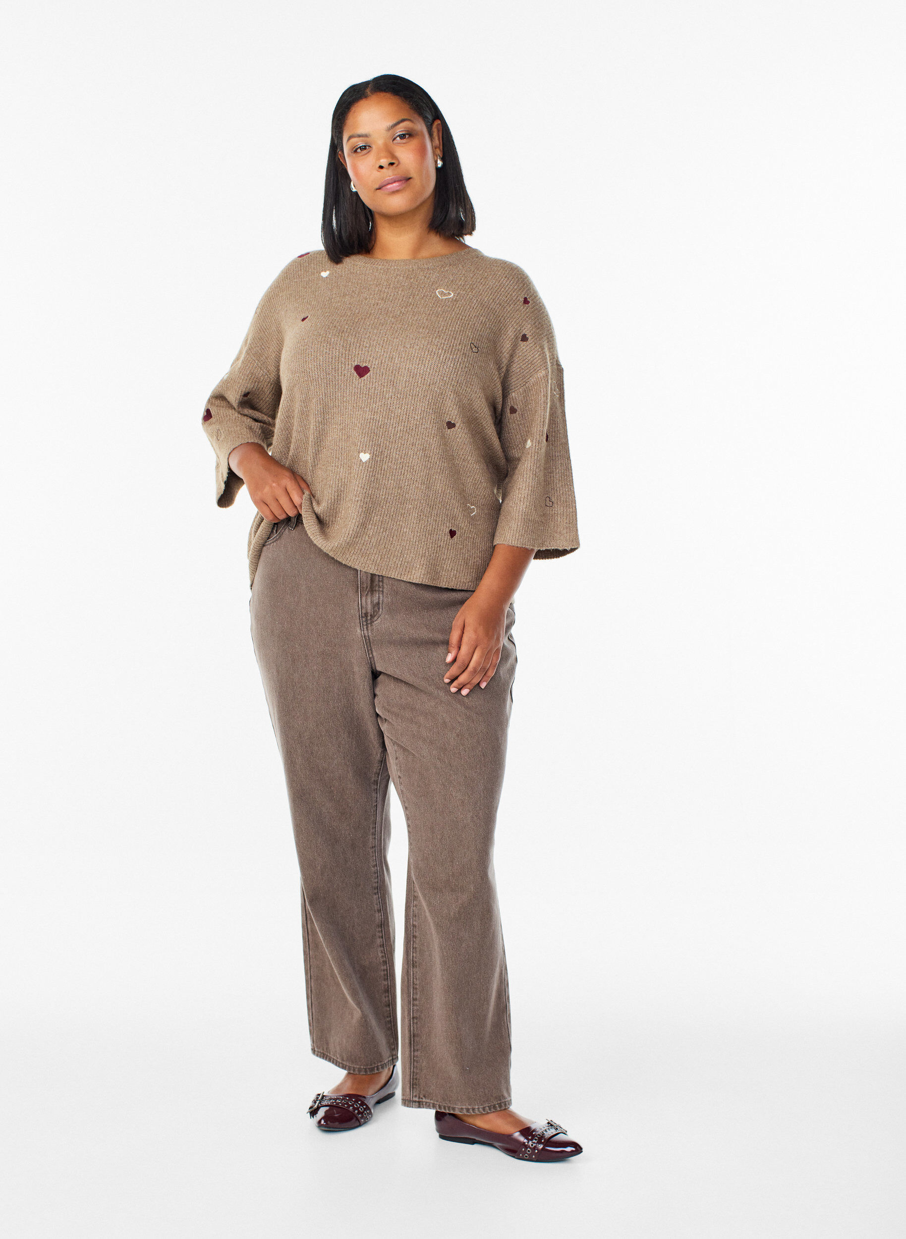 ZizziJumper met hartjes en 3/4 mouwen, Bruin, Model image number 1
