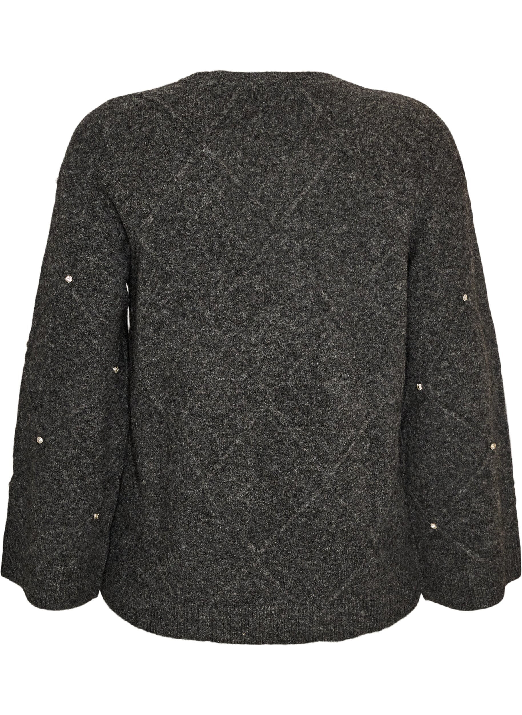 ZizziGebreide blouse met strassteentjes en ruitpatroon, Grijs, Packshot image number 1