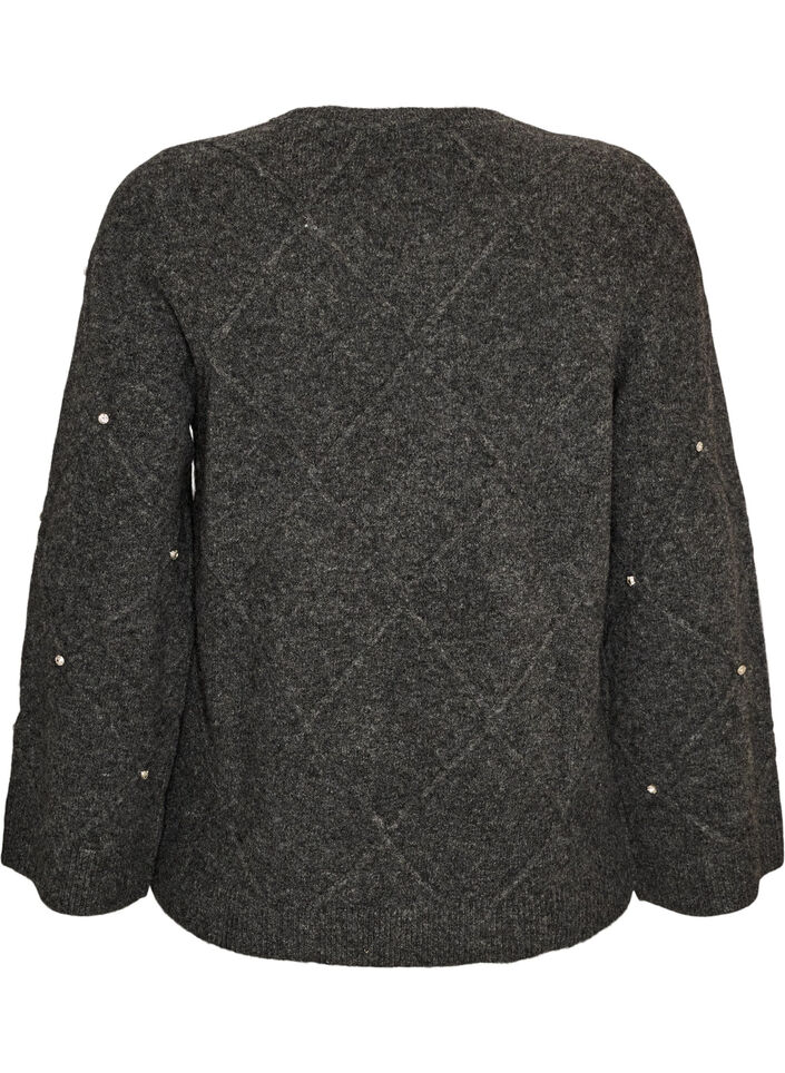 Gebreide blouse met strassteentjes en ruitpatroon, Grijs, Packshot image number 1