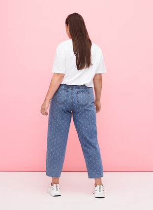 Cropped jeans met print en hoge taille, Blue denim, Model image number 1