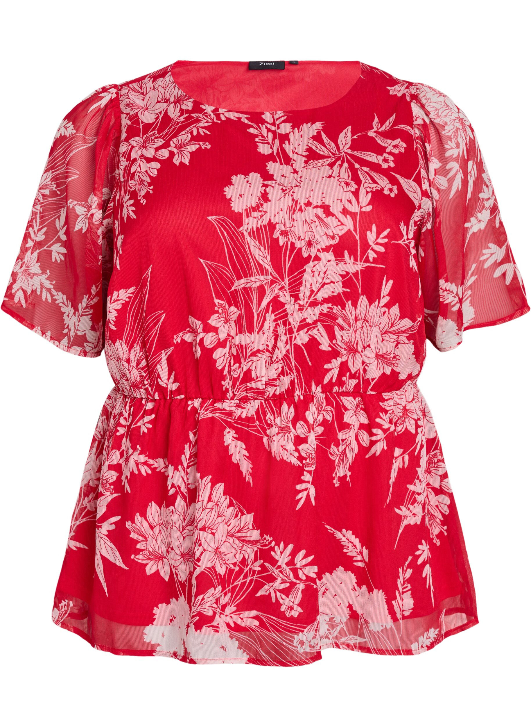 ZizziChiffon blouse met bloemenprint en elastische taille, Rood, Packshot image number 0