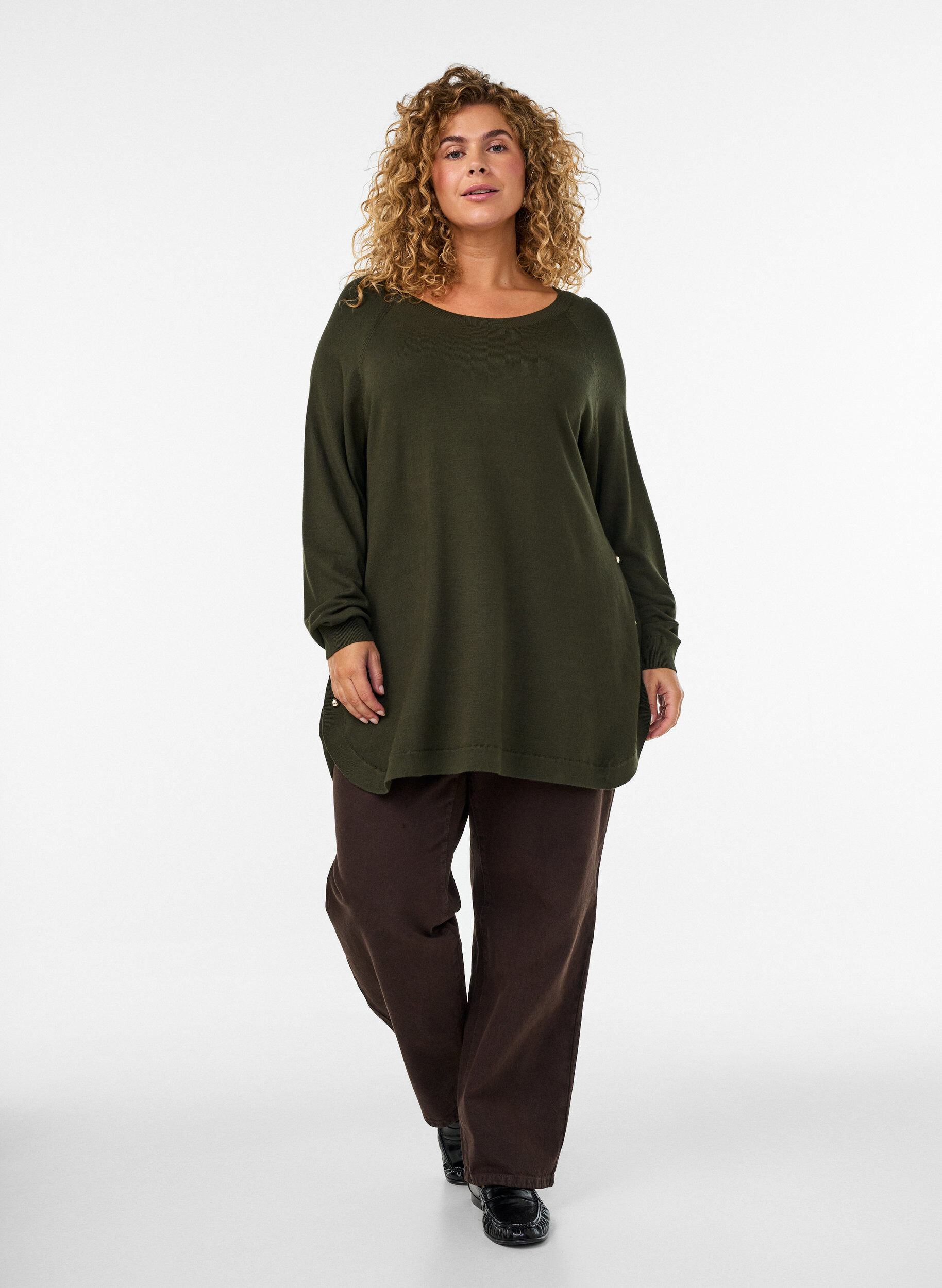 ZizziGebreide blouse met knopen aan de zijkant, Groen, Model image number 1