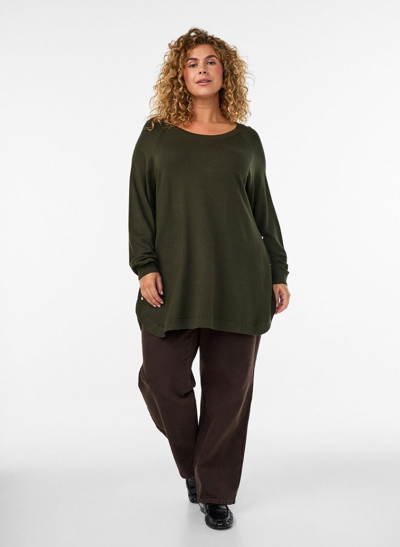 Gebreide blouse met knopen aan de zijkant, Groen, Model image number 1