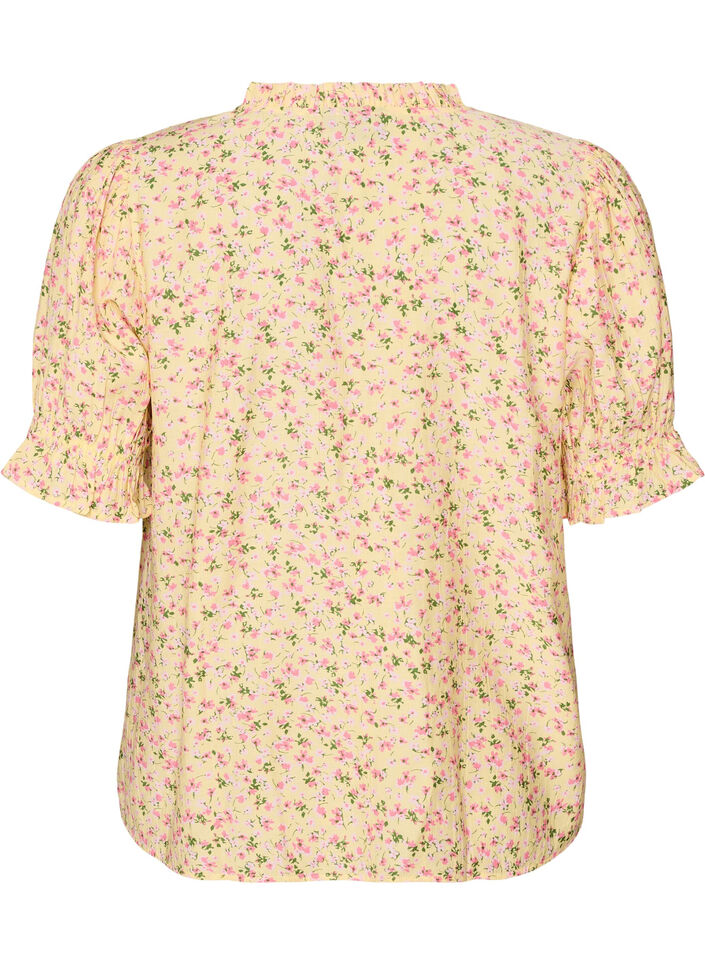 Viscose bloemenblouse met korte mouwen en een rucheskraag, Geel, Packshot image number 1