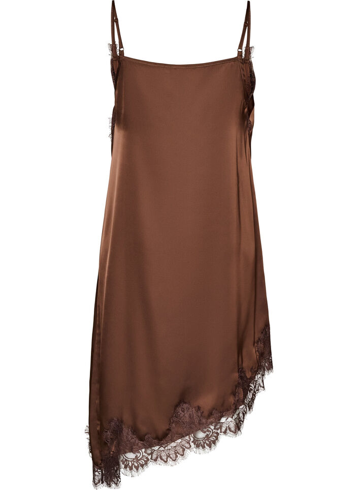 Robe en satin avec dentelle et ourlet asym&eacute;trique, Marron, Packshot image number 1