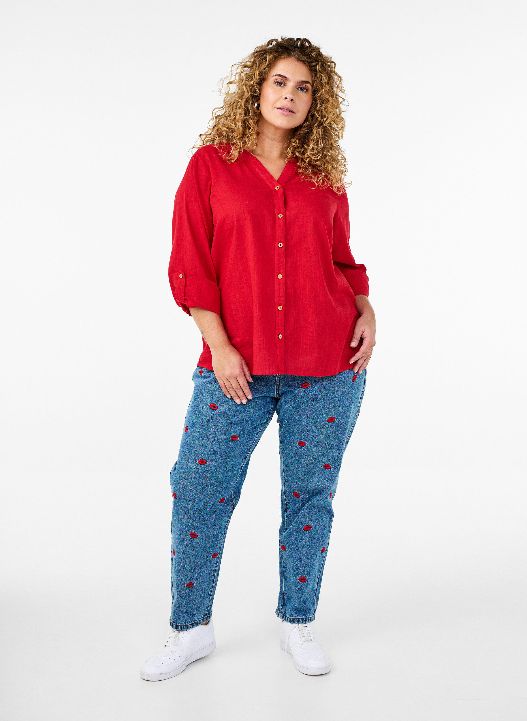 ZizziKatoenen blouse met een V-hals, Rood, Model image number 1