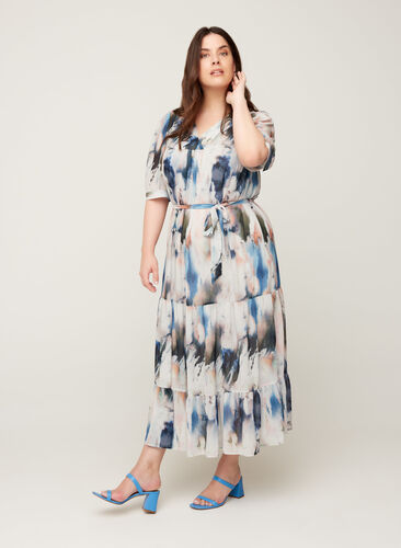 Maxi-jurk met print en striksluiting, Watercolor AOP, Model image number 0