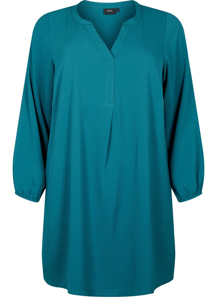 Jurk met lange mouwen en V-hals, Deep Teal, Packshot image number 0