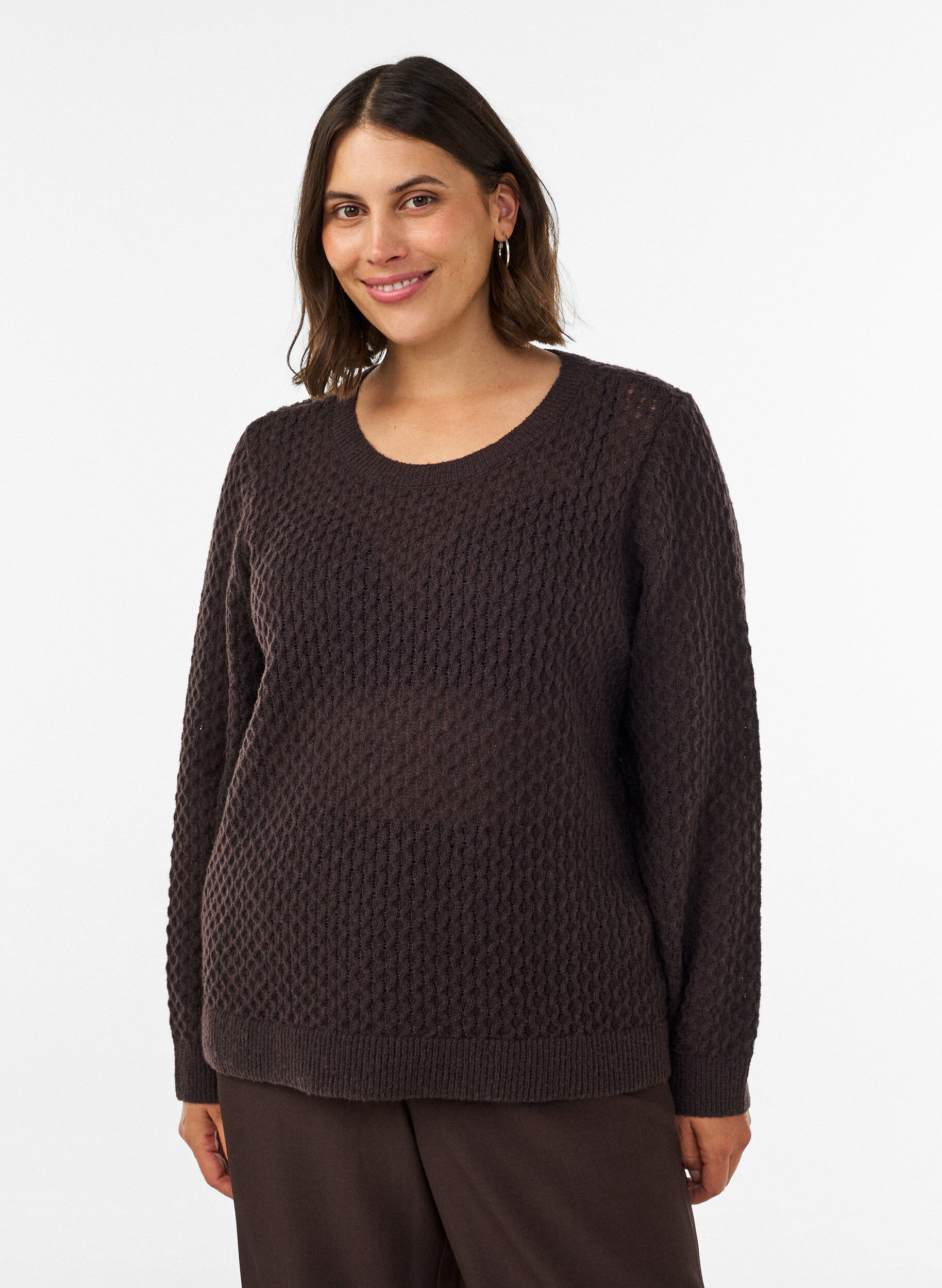 ZizziBlouse en maille avec motif ajour&eacute; textur&eacute;, Marron, Model image number 0