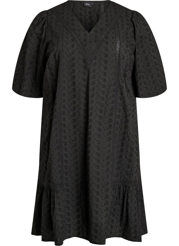 Robe mi-longue en coton avec broderie et col en V, Noir, Packshot image number 0