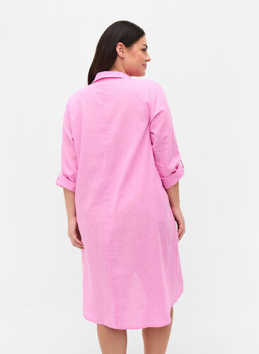 Robe rayée en coton et lin, Begonia Pink, Model image number 1