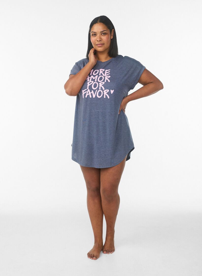 Chemise de nuit &agrave; manches courtes avec imprim&eacute; de texte, Gris bleut&eacute;, Model image number 1
