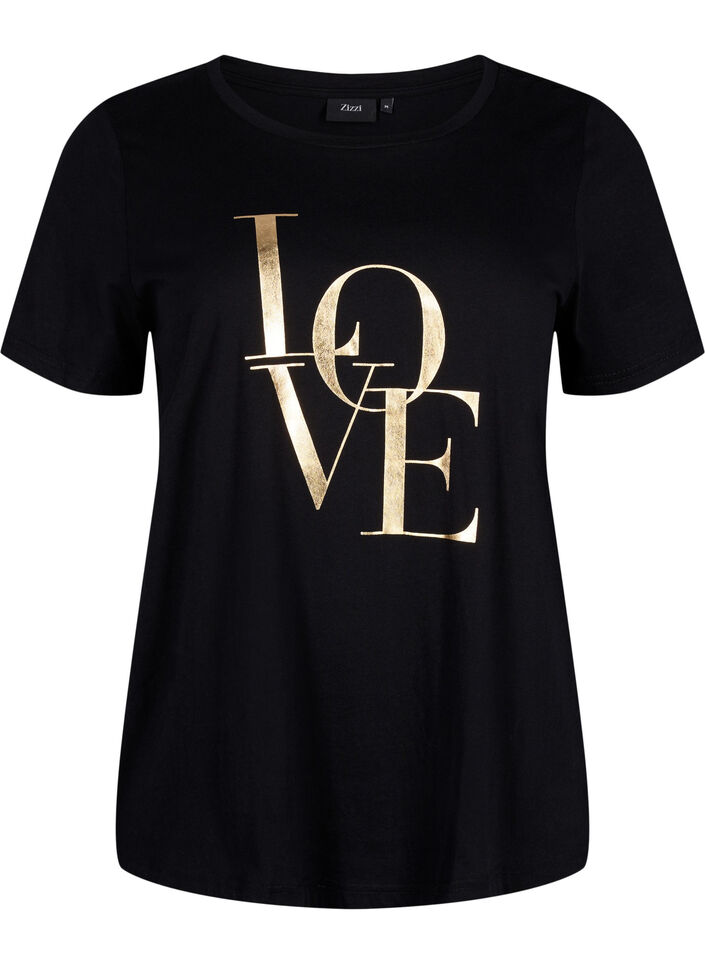 T-shirt en coton avec texte dor&eacute;, Black w. Gold Love, Packshot image number 0