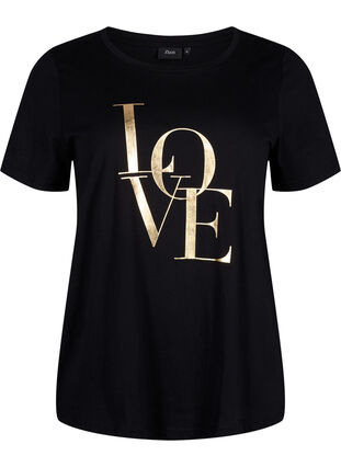 Katoenen T-shirt met goudkleurige tekst, Black w. Gold Love, Packshot image number 0