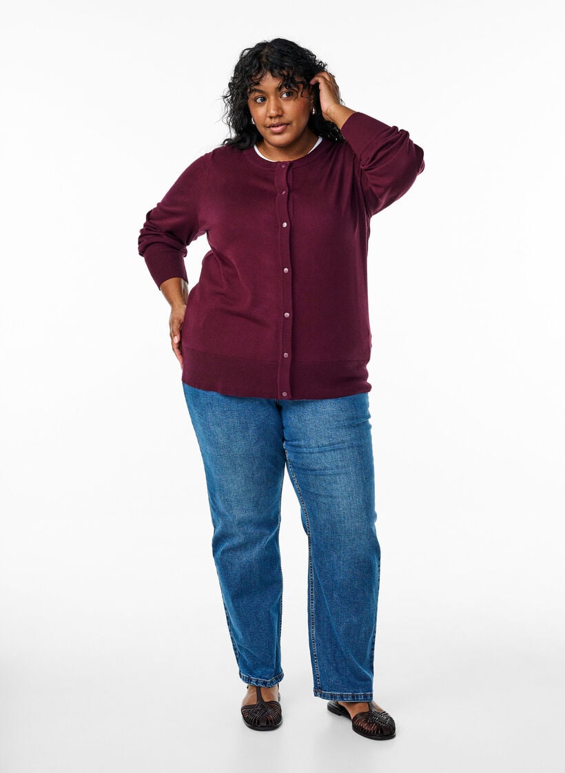 Cardigan en tricot avec col rond et boutons, Bordeaux, Model image number 1