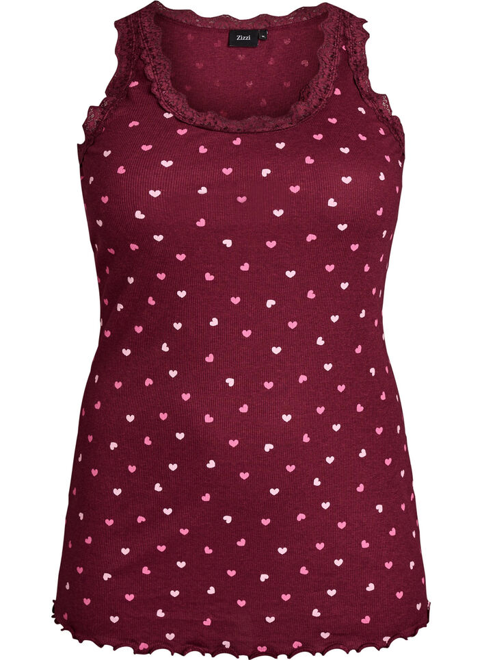 Top avec imprim&eacute; et bord en dentelle, Bordeaux, Packshot image number 0