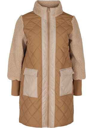 Gewatteerde jas met teddy en zakken, Tobacco Brown Comb, Packshot image number 0