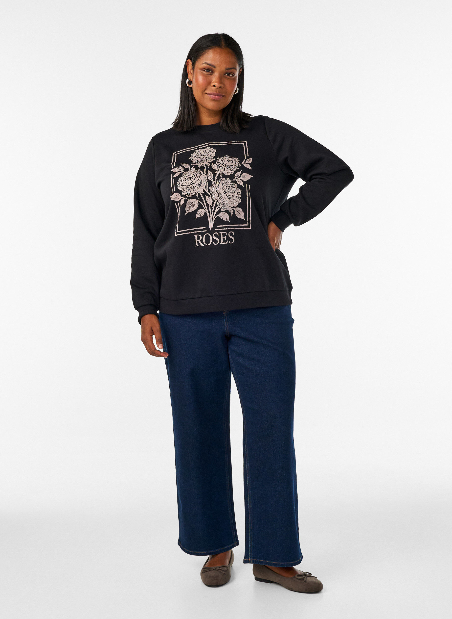 ZizziSweatshirt met rozenprint en strassteentjes, Zwart, Model image number 1