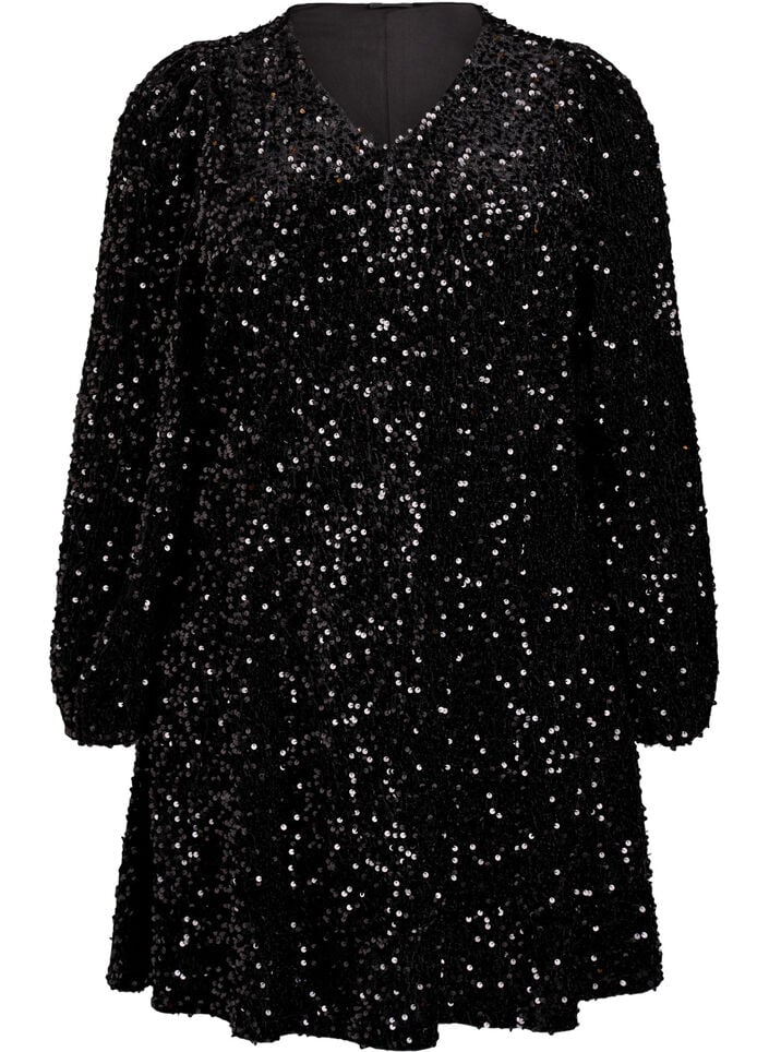 Robe courte &eacute;vas&eacute;e &agrave; sequins, Noir, Packshot image number 0