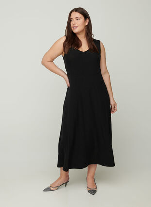 Mouwloze jurk met glitters en v-hals, Black, Model image number 2