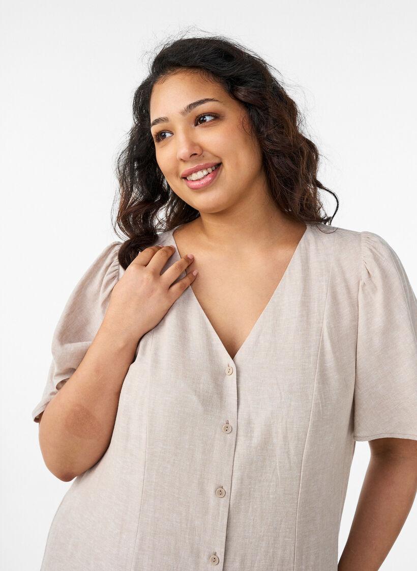 Robe midi en lin et viscose avec manches &agrave; volants, Beige, Model image number 2