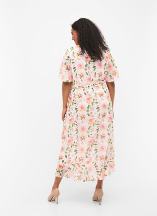 	 Midi-jurk met korte mouwen en bloemenprint, White w. Pink Flower, Model image number 1